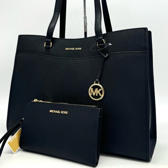 Michael Kors Large MF Pocket Shoulder Tote Bag & Double Zip Wallet Black/Gold - Picture 1 of 16